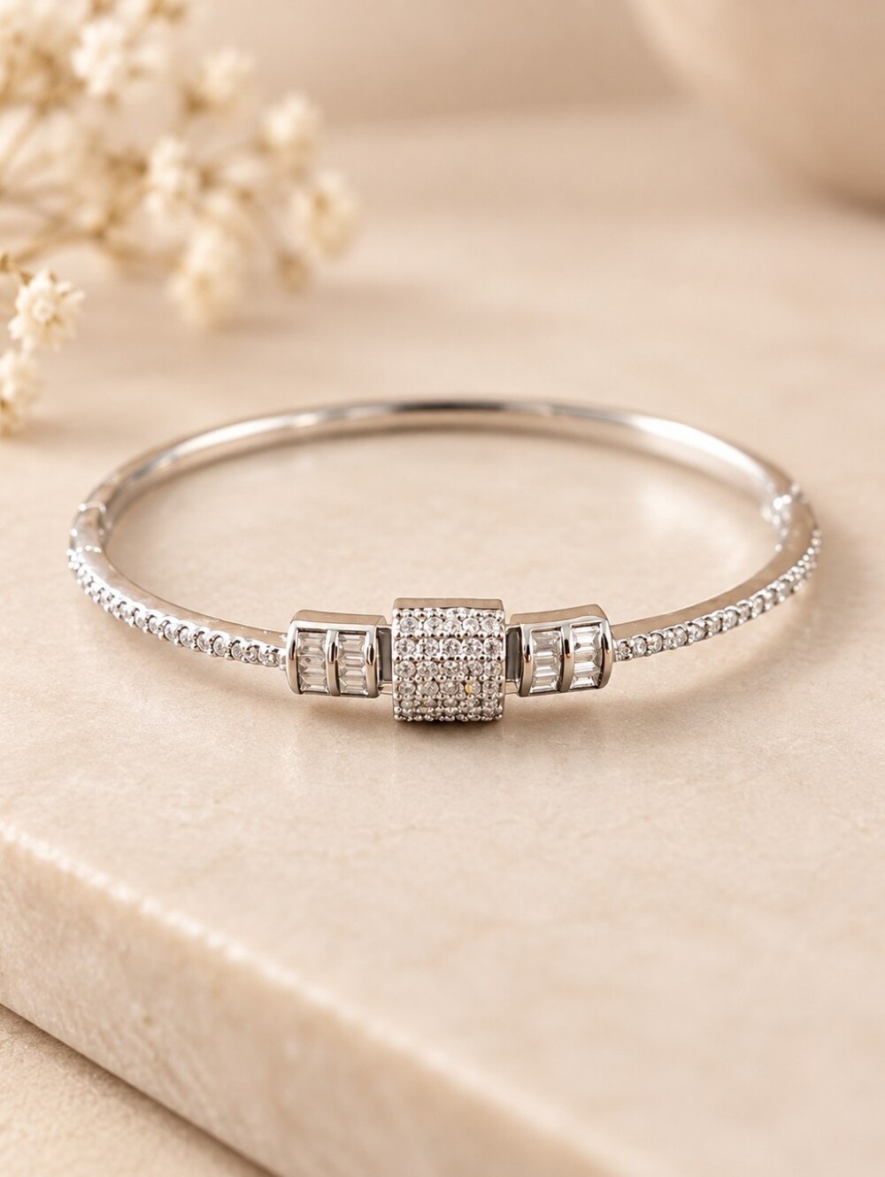 Silver American Diamond Adjustable Bracelet | Elegant CZ Statement Jewelry